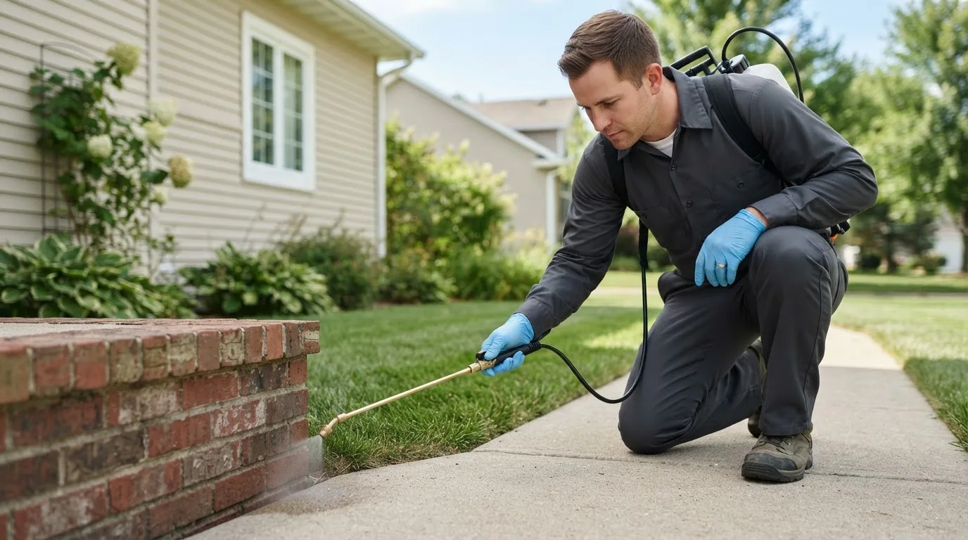 Pest control technician treating a home near Riverton, KS