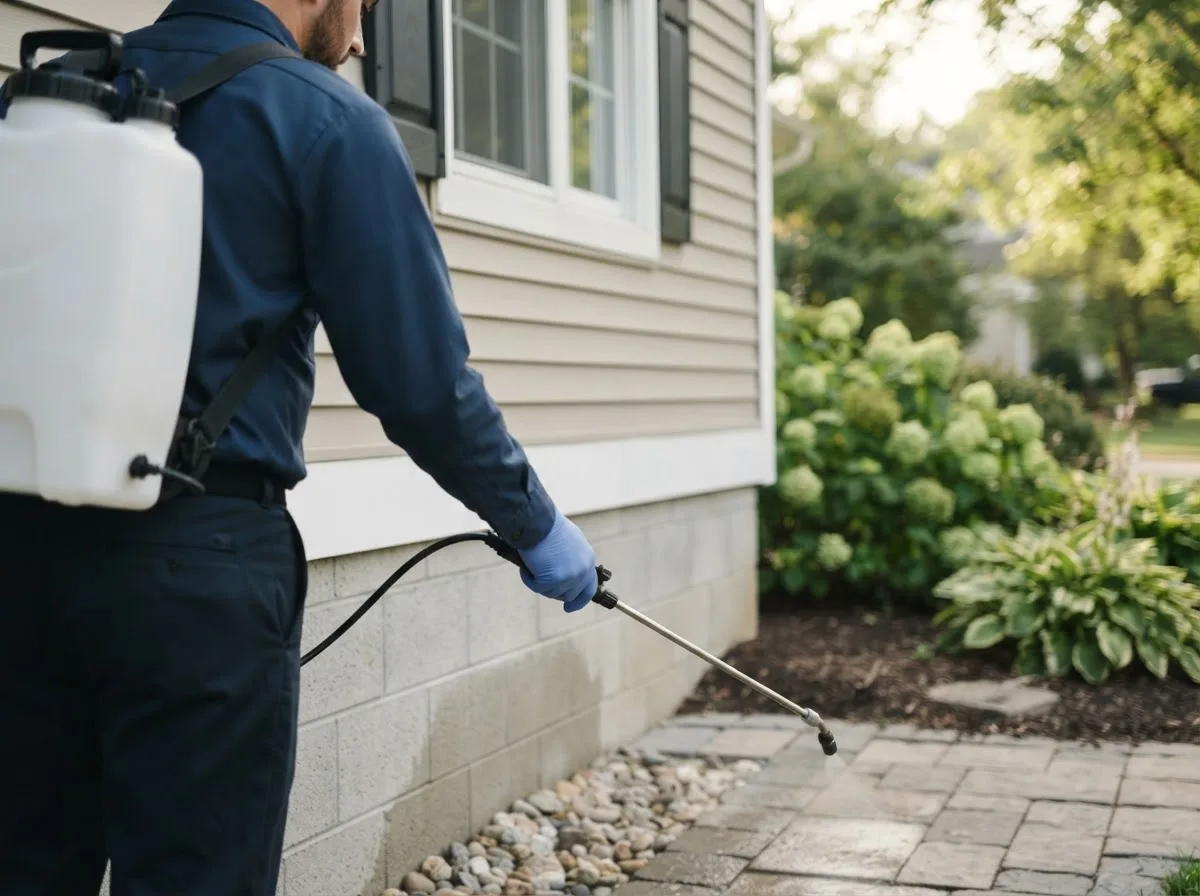Pest control technician inspecting a home in Riverton, KS